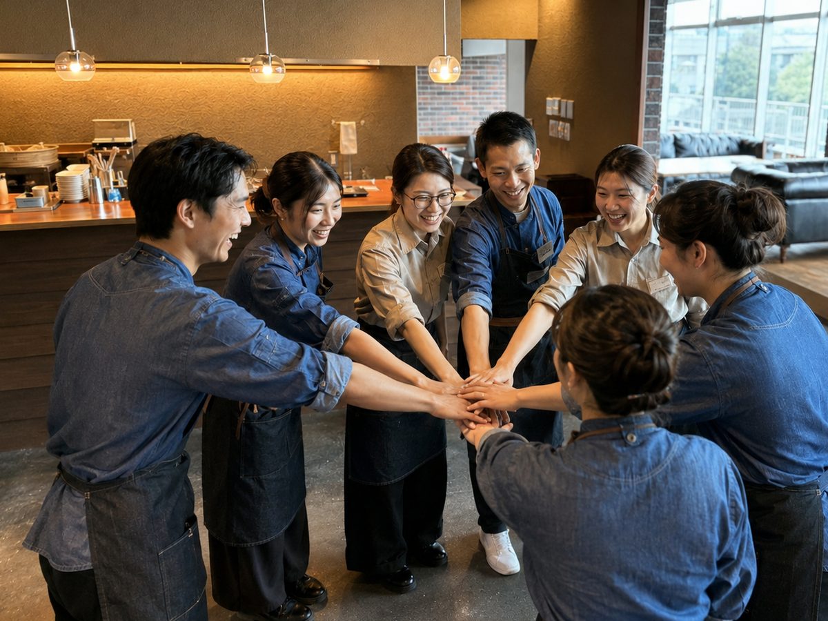 円になって手を重ねる、BASQUE BAR TOYAMA のスタッフたち