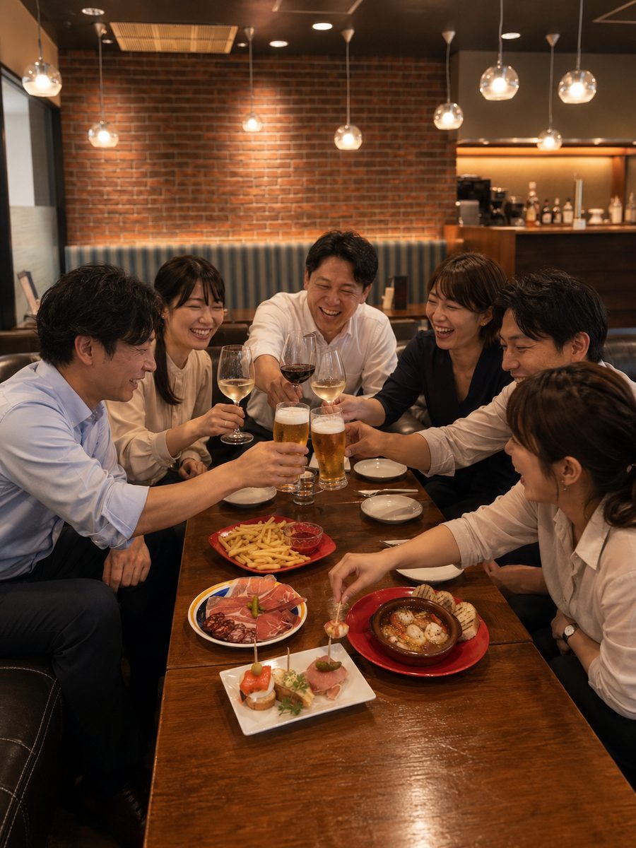 ビールとワインで乾杯する、会社の懇親会のグループ