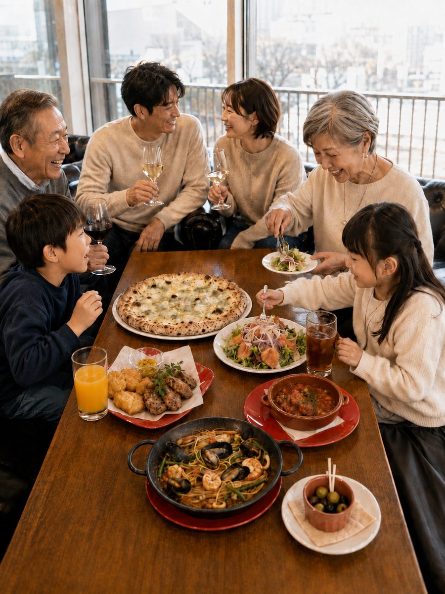 三世代でピザやパエリアを囲む、家族の集まり