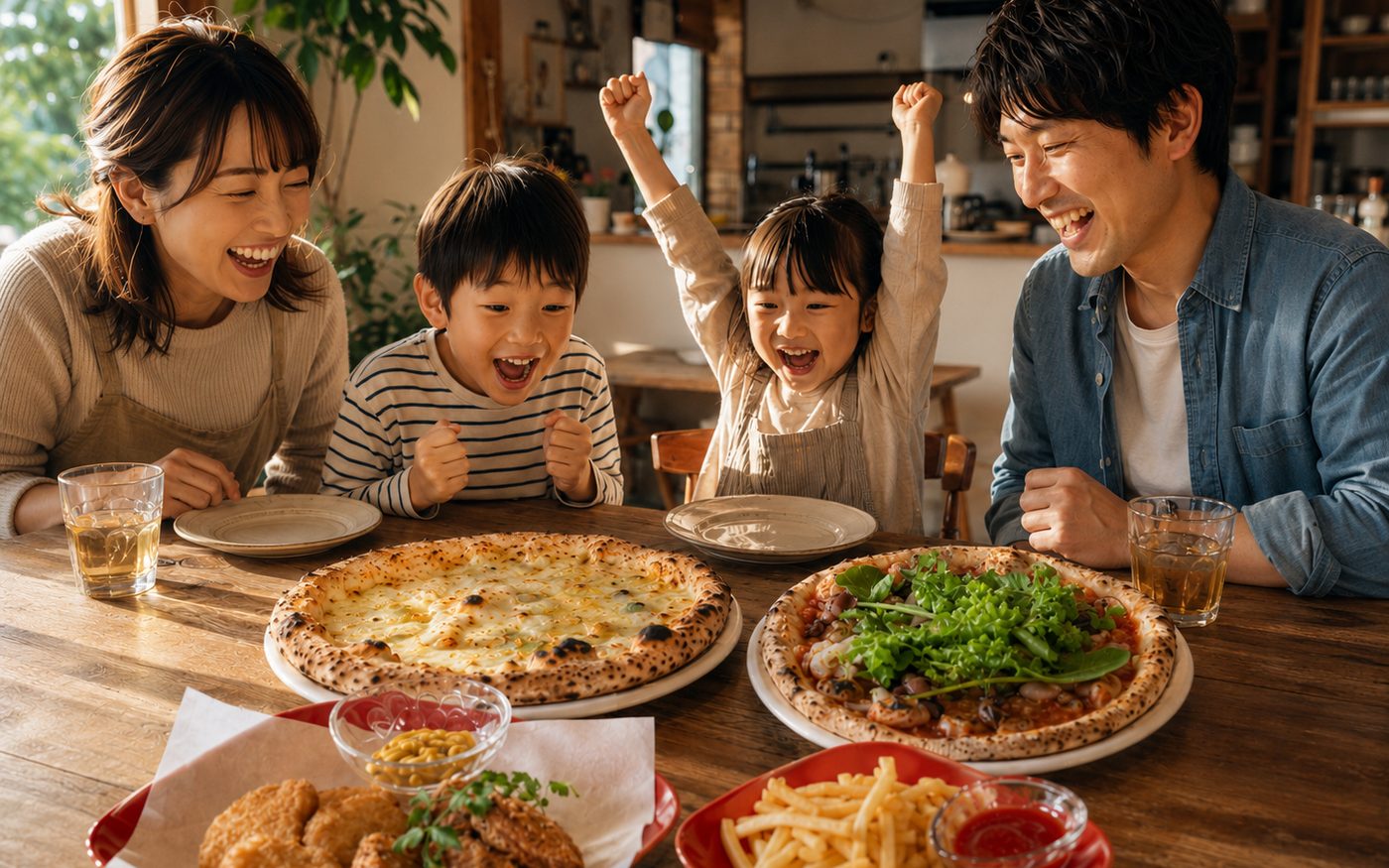 自宅のテーブルで、家族がピザやサイドメニューを囲んで笑っている様子
